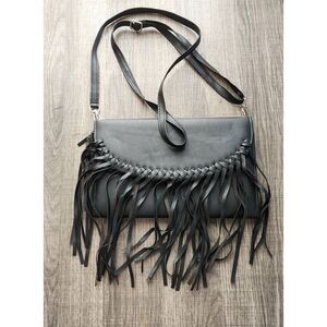 Black Small Clutch Crossover Handbag Fringe Front Snap Closure Goth Witchy